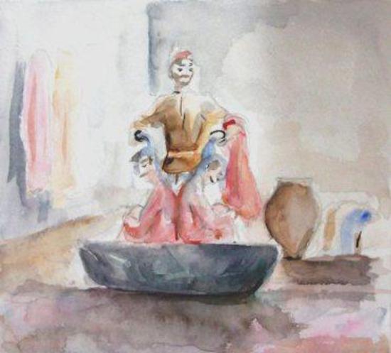 7. К венчанию жениха готовили в доме кавора. Там устраивался своеобразный мальчишник, во время которого и проводилось ритуальное купание жениха. Купал его сам кавор. В таз спиной друг к другу усаживали жениха и азаббаши &mdash; главного друга &mdash; и обливали их водой. Суть обряда купания заключалась в том, что струей воды жениха символически отделяли от его холостых друзей.