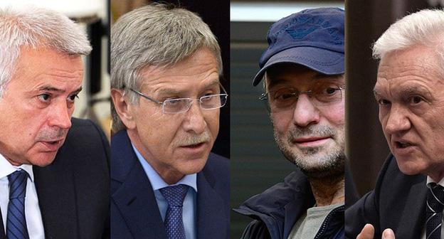 Вагит Алекперов, Леонид Михельсон, Сулейман Керимов и Геннадий Тимченко (слева направо). Коллаж "Кавказского узла" Фото: Russian Presidential Press and Information Office https://ru.wikipedia.org,  Kremlin.ru https://ru.wikipedia.org, REUTERS/Stringer