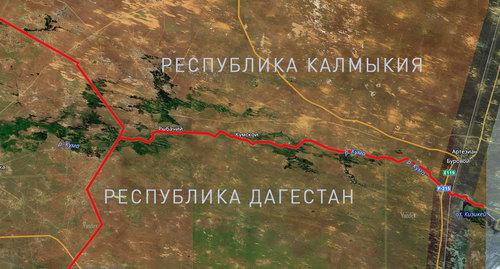 Карта границы между Республикой Дагестан и Республикой Калмыкия. Фото: Яндек-карты. Коллаж "Кавказского узла" Карта границы между Республикой Дагестан и Республикой Калмыкия. Фото: Яндек-карты. Коллаж "Кавказского узла"