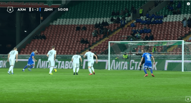 Стоп-кадр видео игры "Ахмат" - "Динамо" 13 марта 2020 года в Грозном. https://www.youtube.com/watch?v=6aqEPCtYaZI
