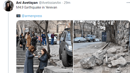 Последствия землетрясения в Ереване 13 февраля 2021 года. Скриншот сообщения https://twitter.com/AvetissianAn/status/1360565417182437377 Последствия землетрясения в Ереване 13 февраля 2021 года. Скриншот сообщения https://twitter.com/AvetissianAn/status/1360565417182437377