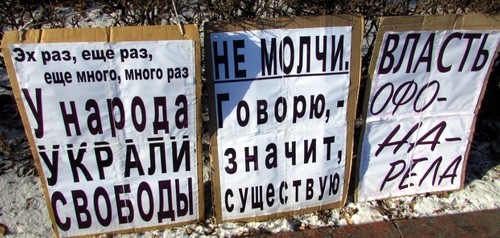 Плакаты активистки Гродниковой. Волгоград, 14 февраля 2021 года. Фото Вячеслава Ященко для "Кавказского узла".