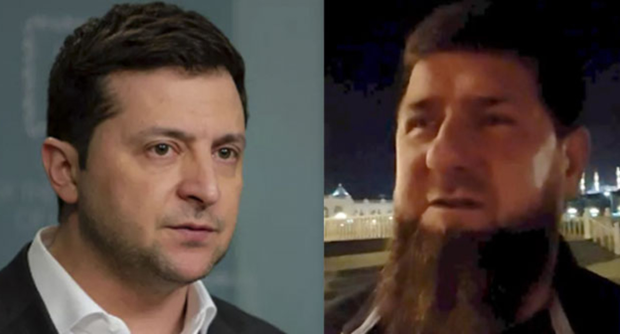 Владимир Зеленский (слева) и Рамзан Кадыров во время видеообращения. Коллаж "Кавказского узла". Скриншот видео Ksdyrov_95 Фото: CC BY-SA 4.0 / Офис президента Украины Владимир Зеленский (слева) и Рамзан Кадыров во время видеообращения. Коллаж "Кавказского узла". Скриншот видео Ksdyrov_95 Фото: CC BY-SA 4.0 / Офис президента Украины