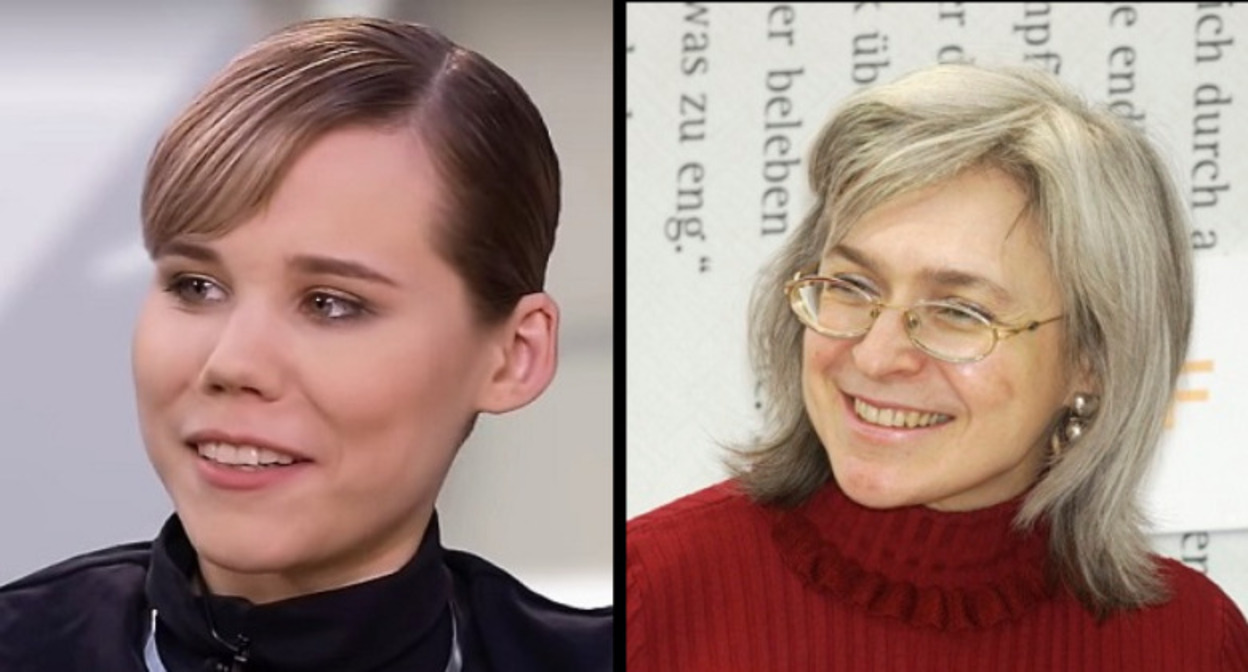 Дарья Дугина, кадр видео 1RNK на YouTube https://www.youtube.com/watch?v=ORWXraoHsD4&t=90s / Анна Политковская, фото Blaues Sofa, wikimedia.org. Коллаж "Кавказского узла". Дарья Дугина, кадр видео 1RNK на YouTube https://www.youtube.com/watch?v=ORWXraoHsD4&t=90s / Анна Политковская, фото Blaues Sofa, wikimedia.org. Коллаж "Кавказского узла".