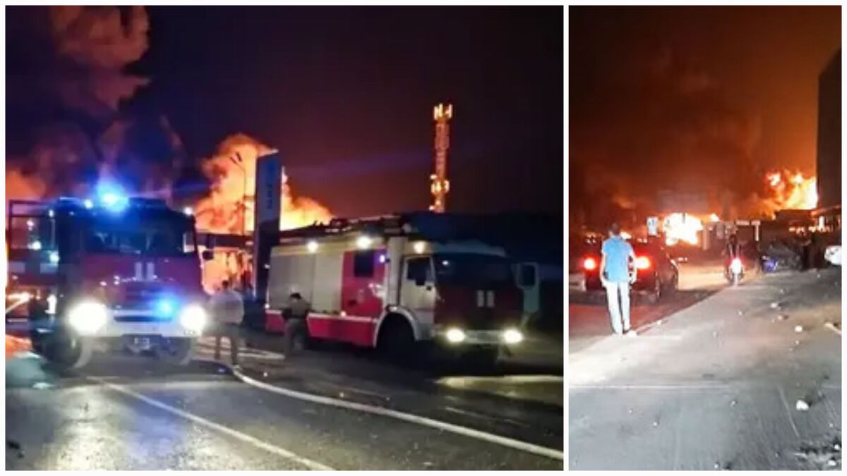 Коллаж "Кавказского узла". На месте взрыва на АЗС в Махачкале. Стоп-кадр из видео https://www.youtube.com/watch?v=klV0gky9fjE.
Взрыв на АЗС в Махачкале. Фото пресс-служба МЧС
