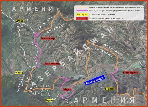Официальная" карта сдачи территорий. Сиреневым отмечены границы, уточняемые сейчас, оранжевым - советские границы. Белая линия - дорога, ведущая в Грузию. Фото  https://www.caucasianknot.net/blogs/83781/posts/62232
© Кавказский Узел
