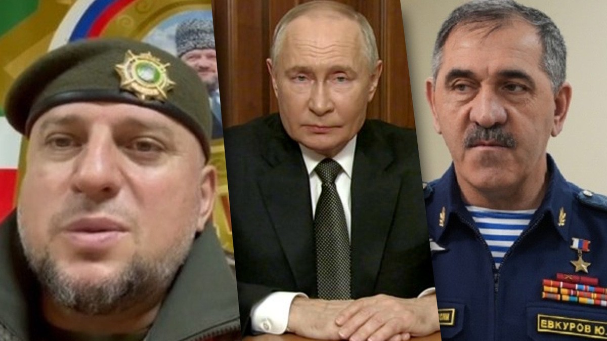 Апти Алаудинов, Владимир Путин и Юнус-Бек Евкуров. Коллаж "Кавказского Узла". Фото: http://www.kremlin.ru/ Фото: официальный сайт Минобороны России Кадр видео из телеграм-канала Апти Алаудинова https://t.me/AptiAlaudinovAKHMAT/5739

 
