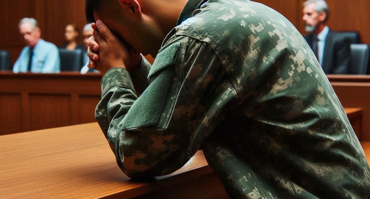 Военный в суде. Иллюстрация создана «Кавказским узлом» с помощью ИИ в программе Photoshop

