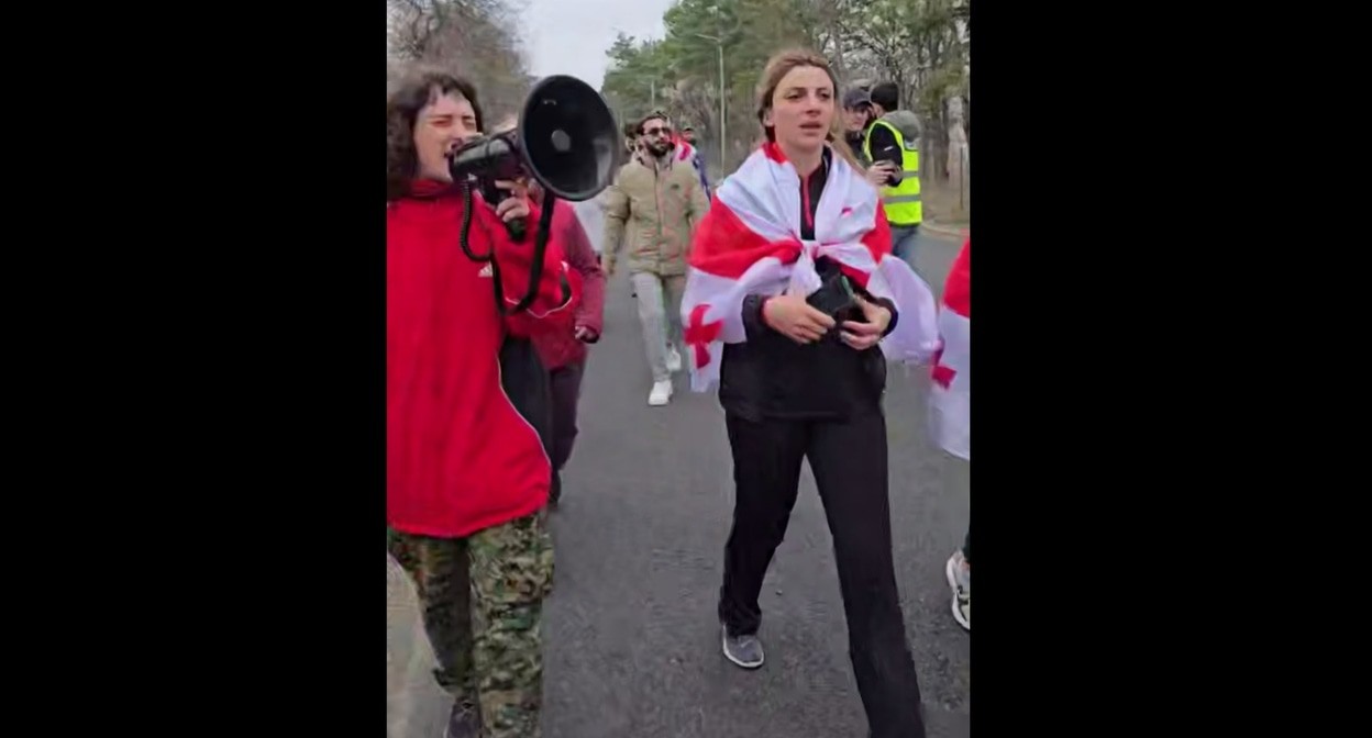 Участники шествия в Тбилиси. 29 марта 2025 года. Кадр видео из телеграм-канала "Грузия 24" https://t.me/georgia_24/7680