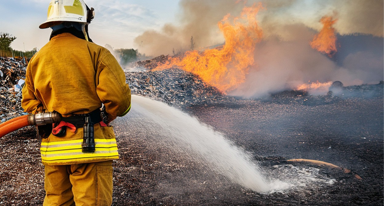 Пожарный на горящей свалке. Иллюстрация создана "Кавказским узлом" с помощью ИИ в программе Photoshop