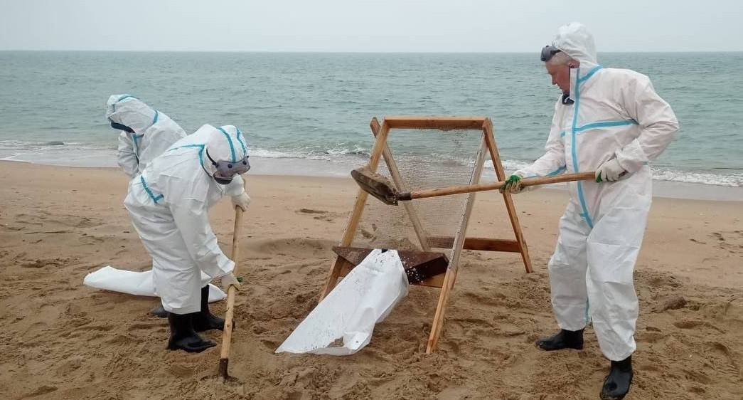 Участники ликвидации последствий разлива мазута. Анапа, 31 марта 2025 года. Фото из телеграм-канала оперштаба Кубани https://t.me/opershtab23/13046