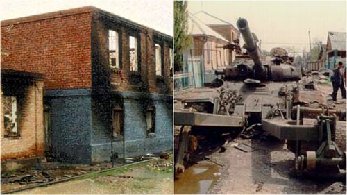 Дом на ул.Выгонной Фото ПЦ"Мемориал", 1995 г.
Подбитый в Самашках танк, стоящий на улице Кооперативной. Важно отметить, что в этой части улицы разрушенных домов немного, большинство сожженных на этой улице домов сосредоточены на ее противоположном конце. Фото В.Лозинского; апрель 1995