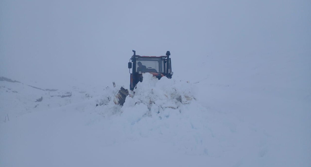 Трактор расчищает дорогу в Дагестане после снегопада. Скриншот из телеграм-канала ГКУ «Дагестанавтодор» https://t.me/dagavtodor/6635