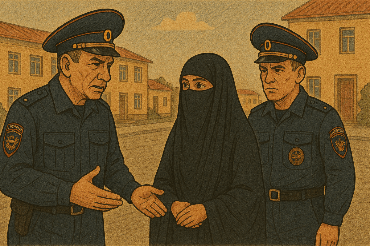 Девушка в никабе и полицейские. Иллюстрация создана «Кавказским узлом» с помощью ИИ в программе Copilot