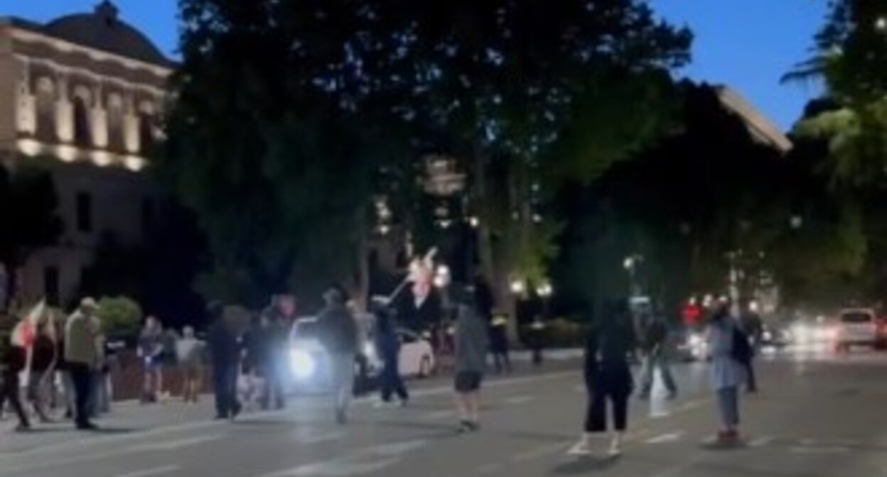 Акция на проспекте Руставели в Тбилиси 7 мая 2025 года. Скриншот видео, опубликованного в телеграм-канале Tbilisi_life 