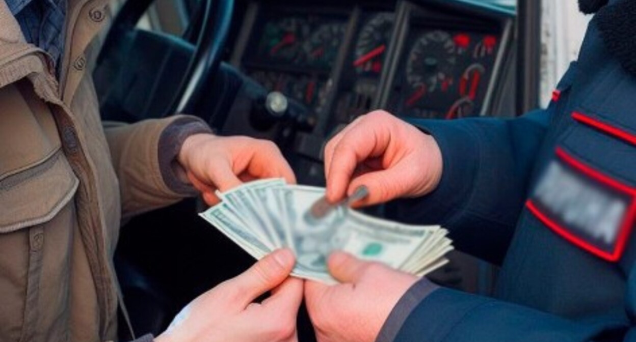 Водитель дает взятку полицейскому. Условная иллюстрация, созданная "Кавказским узлом" с помощью ИИ в программе Copilot.