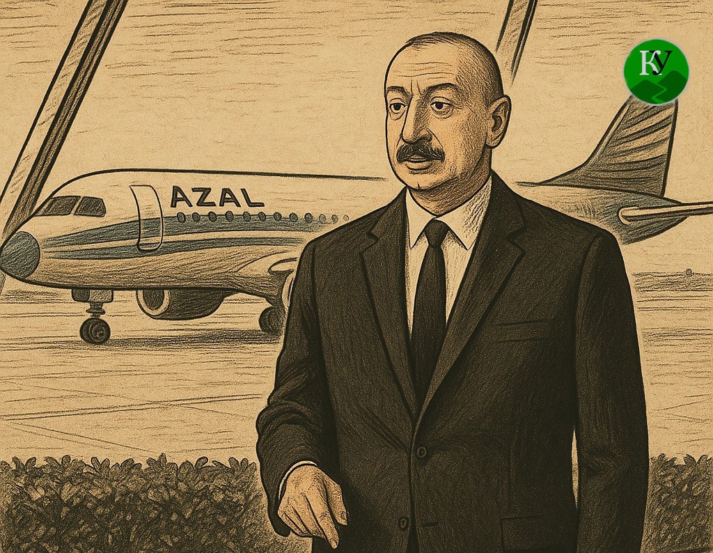 Алиев и самолет. Иллюстрация создана "Кавказским узлом" с помощью ИИ в программе Copilot