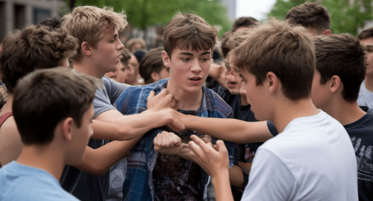 Драка подростков. Изображение сгенерировано при помощи ИИ по запросу "Кавказского узла" в программе "Шедеврум".

