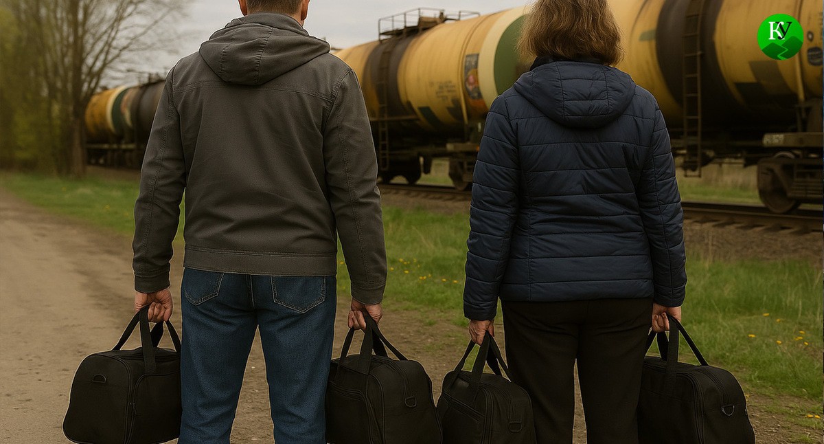 Супружеская пара на фоне цистерн. Иллюстрация создана «Кавказским узлом» с помощью ИИ в программе Copilot