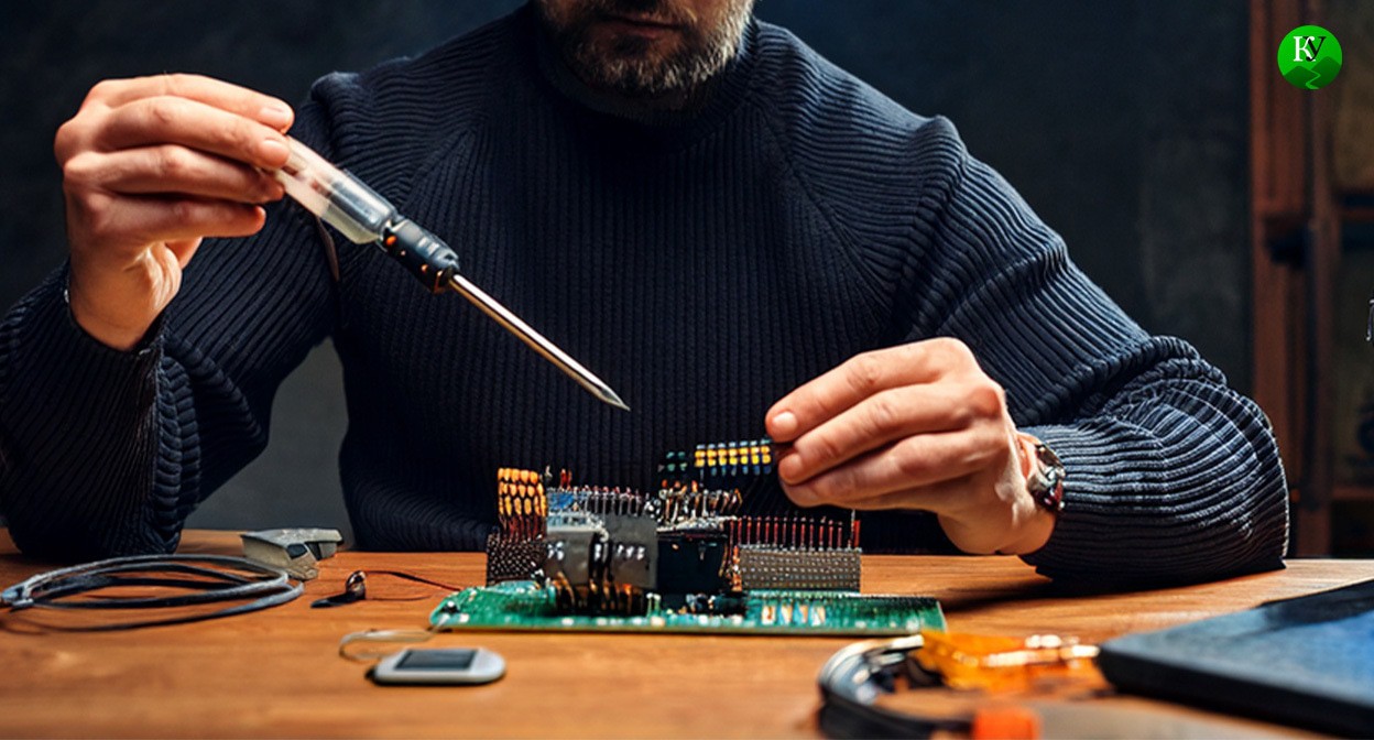 Мужчина собирает СВУ. Иллюстрация создана "Кавказским узлом" с помощью ИИ в программе Photoshop