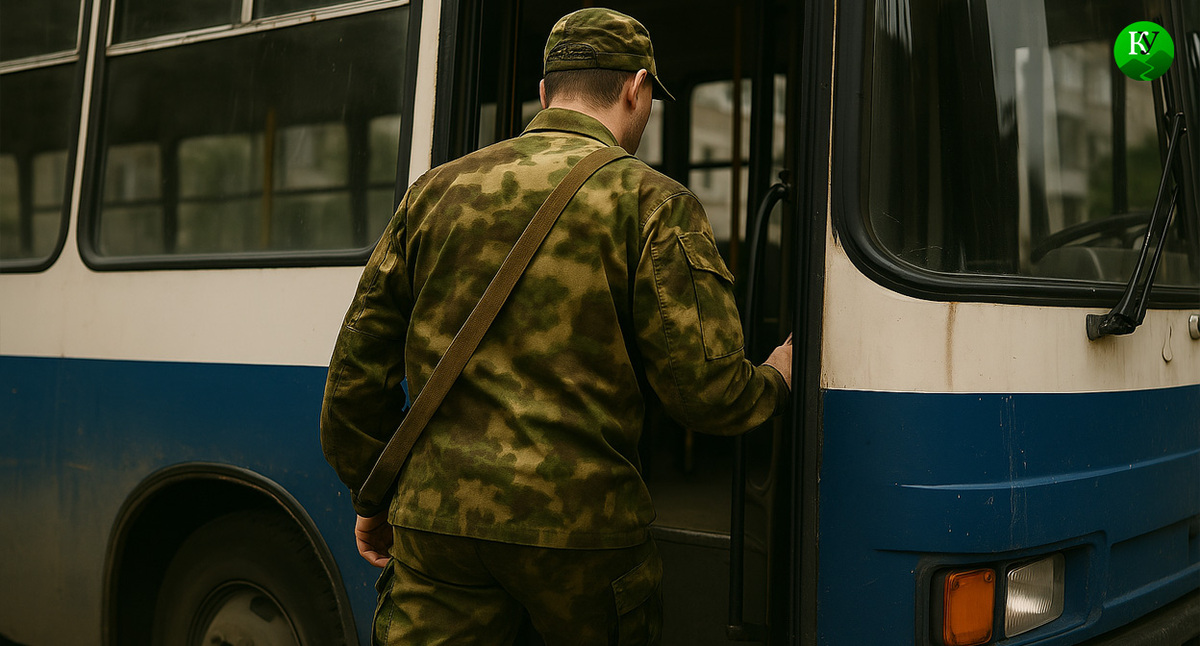 Военный заходит в автобус. Иллюстрация создана «Кавказским узлом» с помощью ИИ в программе Copilot
