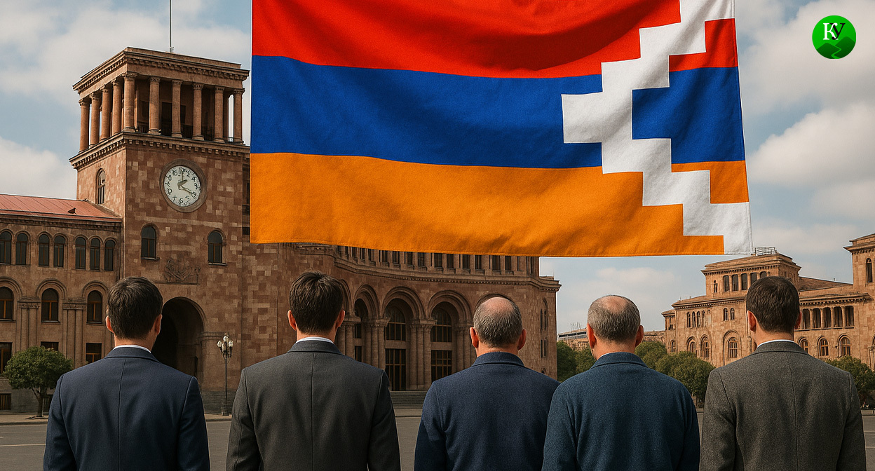 Беженцы на фоне здания правительства Армении. Иллюстрация создана "Кавказским узлом" с помощью ИИ в программе Copilot