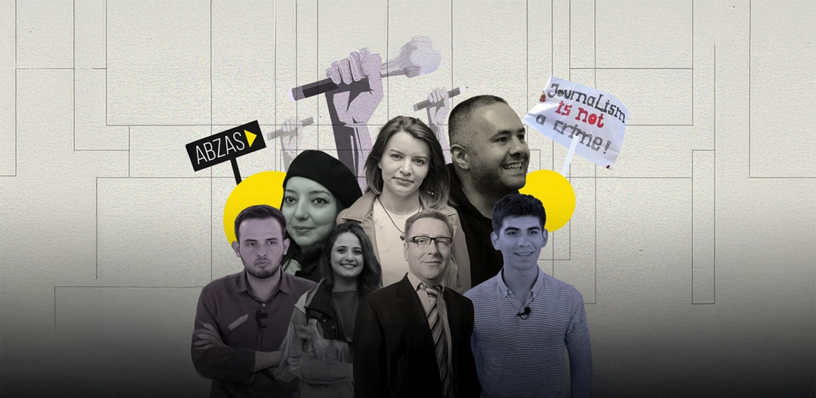 Журналисты интернет-издания Abzas Media. Фото: https://www.meydan.tv/ru/article/prokuror-potreboval-nakazaniya-dlya-zhurnalistov-arestovannyh-po-delu-abzasmedia/