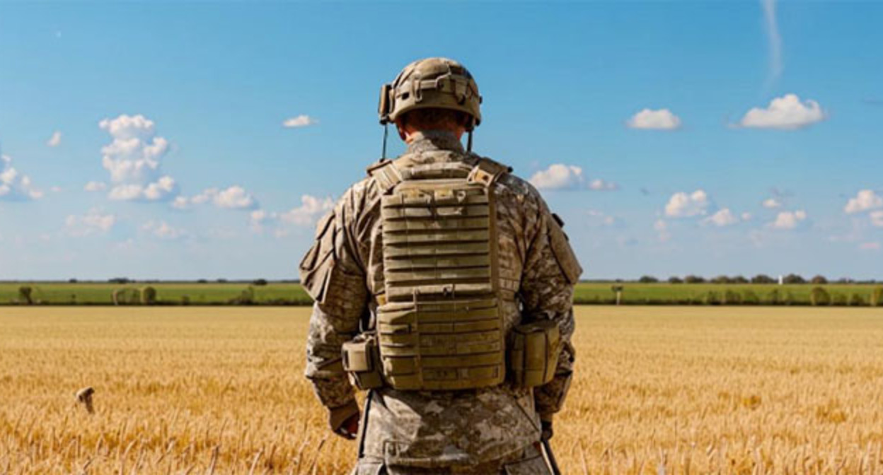 Военный стоит в поле. Фото "Кавказского узла" созданное при помощи программы Copilot