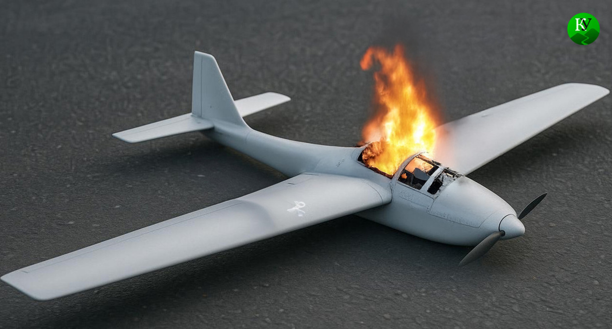 Горящий БПЛА. Иллюстрация создана "Кавказским узлом" с помощью ИИ в программе Copilot