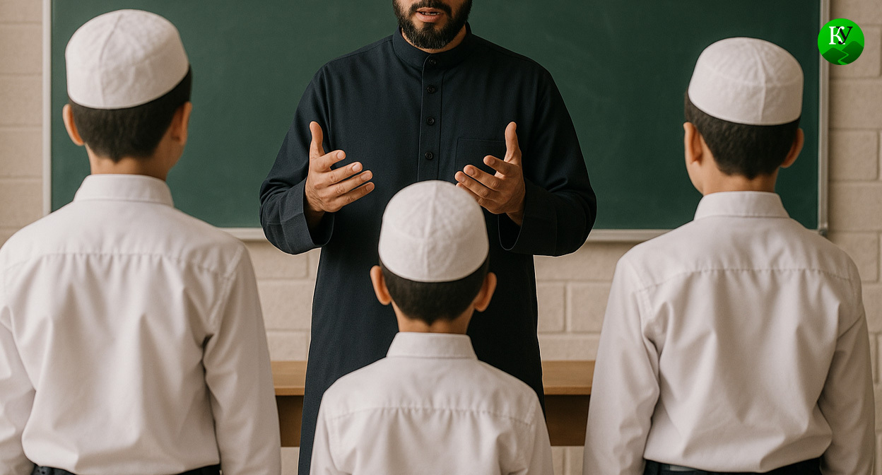 Ученики в школе хафизов. Иллюстрация создана «Кавказским узлом» с помощью ИИ в программе Copilot