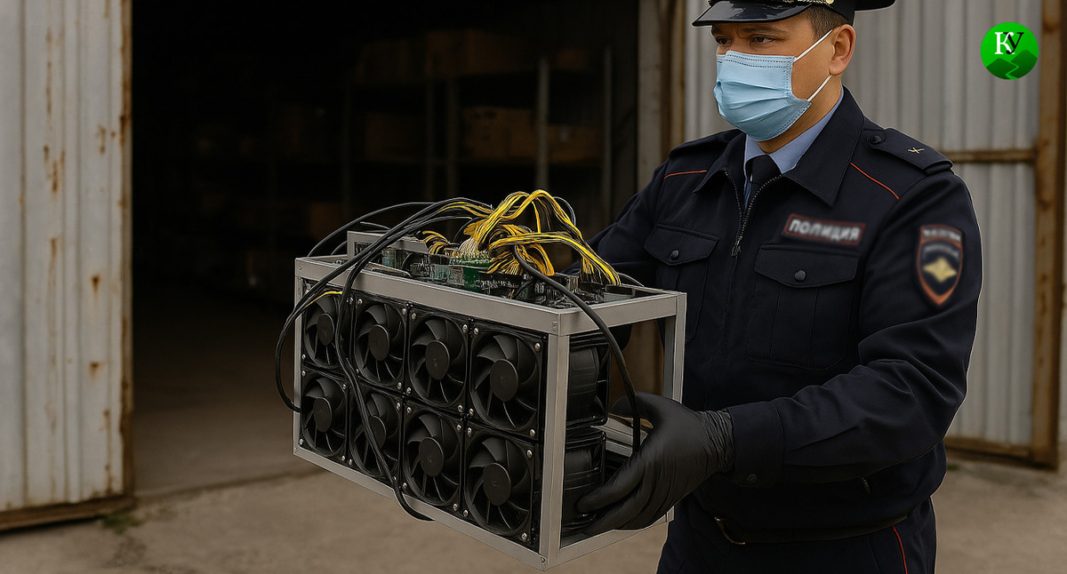 Полицейский с майнинг-оборудованием. Иллюстрация создана "Кавказским узлом" с помощью ИИ в программе Copilot