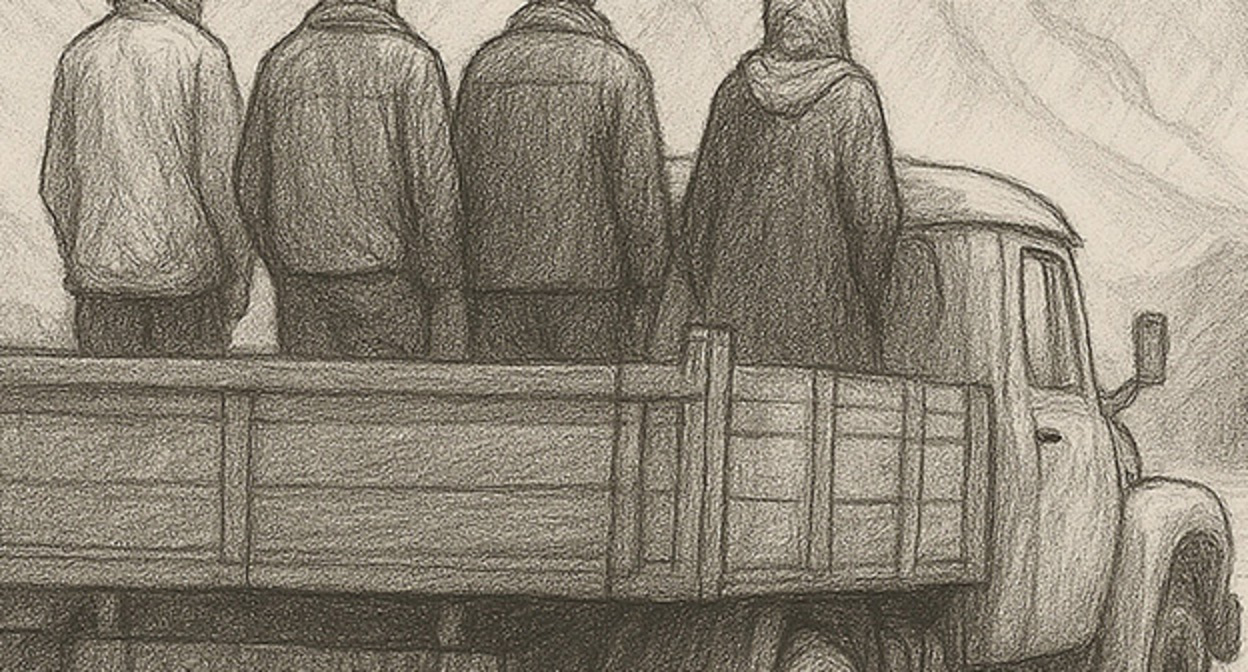 Люди в грузовике. Иллюстрация "Кавказского узла" созданная при помощи программы Copilot