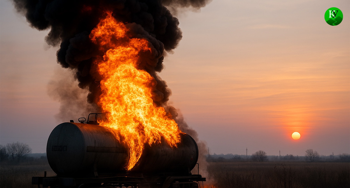 Горит цистерна. Иллюстрация создана "Кавказским узлом" с помощью ИИ в программе Copilot
