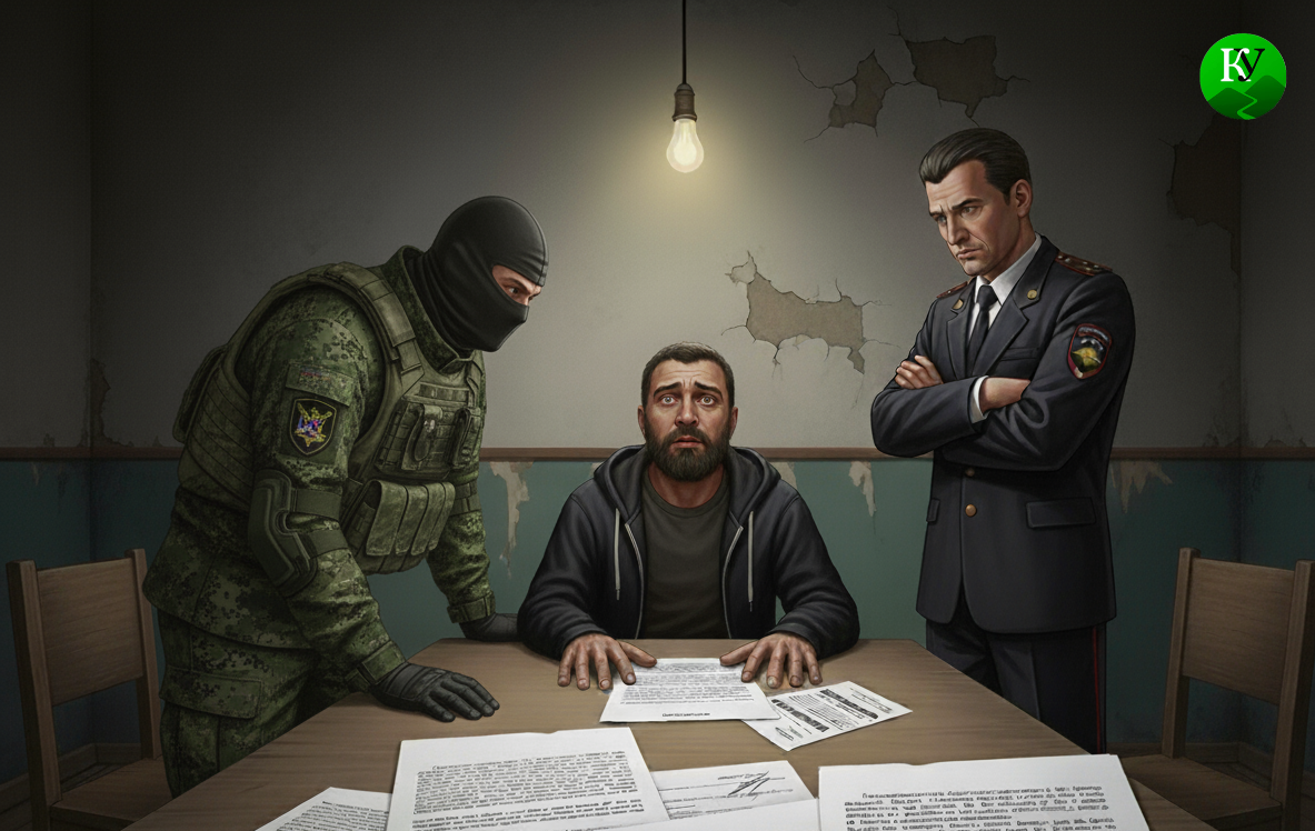 Задержанный на допросе. Иллюстрация создана "Кавказским узлом" с помощью ИИ.