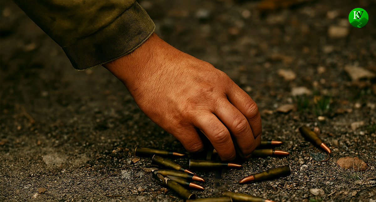 Военный поднимает патроны. Иллюстрация создана "Кавказским узлом" с помощью ИИ в программе Copilot