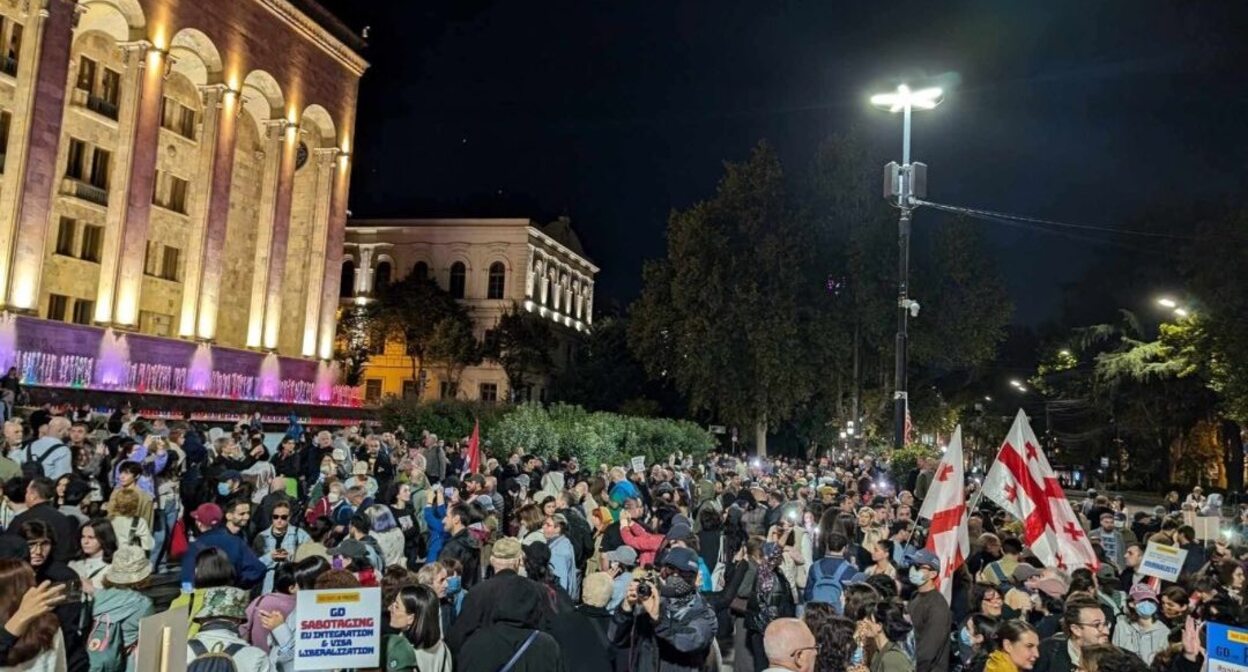 Участники шествия перед зданием парламента Грузии. Фото: Бачана Саджая / On.ge