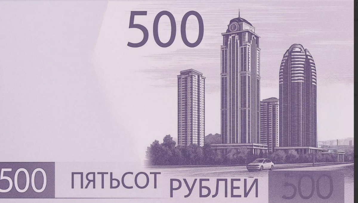 Возможный вариант дизайна 500-рублевой купюры с символикой "Грозный-Сити". Скриншот фото из Telegram-канала Рамзана Кадырова от 04.10.25, https://t.me/RKadyrov_95/6058.