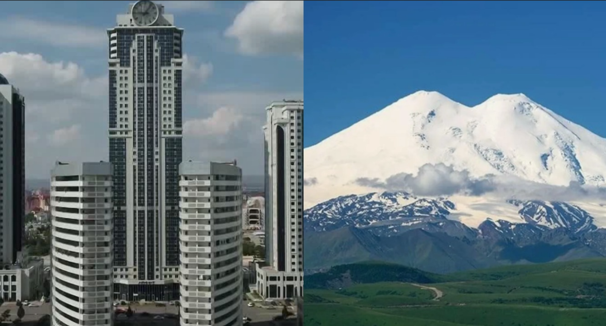 "Грозный-Сити" и Эльбрус. Коллаж "Кавказского узла". Фото из Telegram-канала Рамзана Кадырова https://t.me/RKadyrov_95/6083 и с сервиса "Яндекс.Карты" https://yandex.com/maps/org/elbrus/132277833242/reviews/?ll=42.510776%2C43.241514&utm_medium=organic&utm_source=yandexsmartcamera&z=14