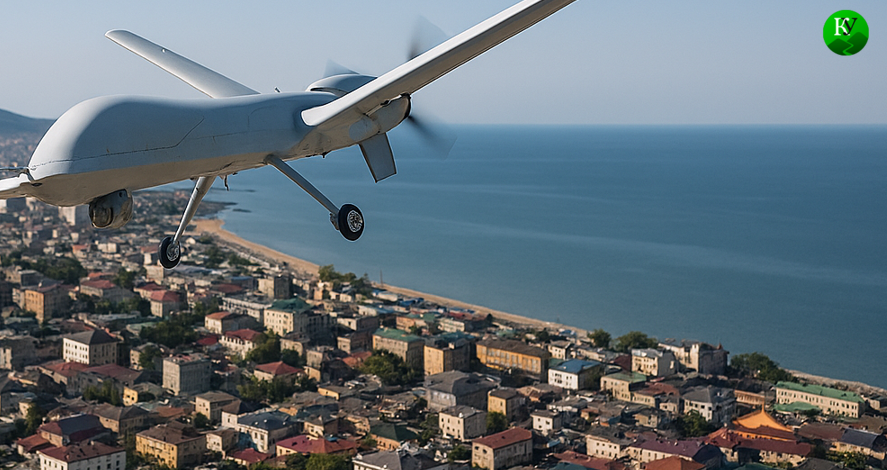 дрон над Махачкалой. Изображение создано "Кавказским узлом" при помощи ИИ в программе Сopilot. 