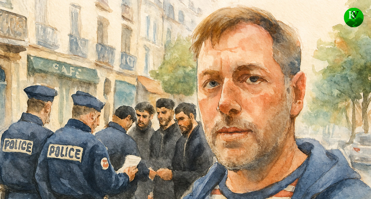 Владимир Осечкин, полицейские и задержанные. Иллюстрация создана «Кавказским узлом» с помощью ИИ в программе Copilot
