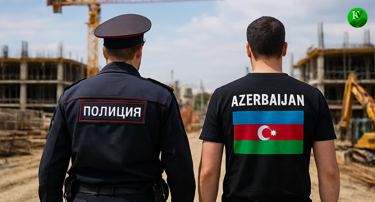 Полицейский и мигрант. Иллюстрация создана «Кавказским узлом» с помощью ИИ в программе Copilot