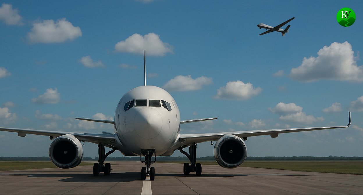 Самолёт и БПЛА. Иллюстрация создана «Кавказским узлом» с помощью ИИ в программе Copilot
