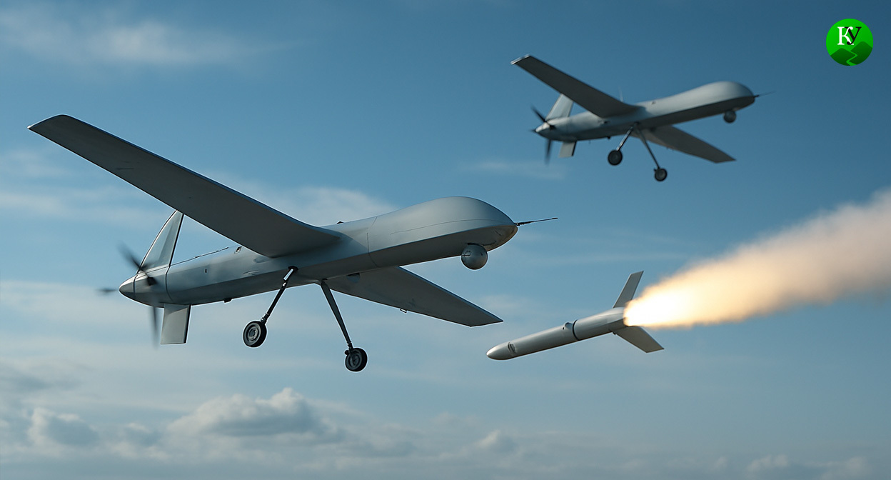 БПЛА и ракета. Иллюстрация создана «Кавказским узлом» с помощью ИИ в программе Copilot