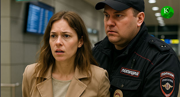 Сотрудник полиции задерживает женщину в аэропорту. Иллюстрация "Кавказского узла" созданная при помощи ИИ в программе Copilot