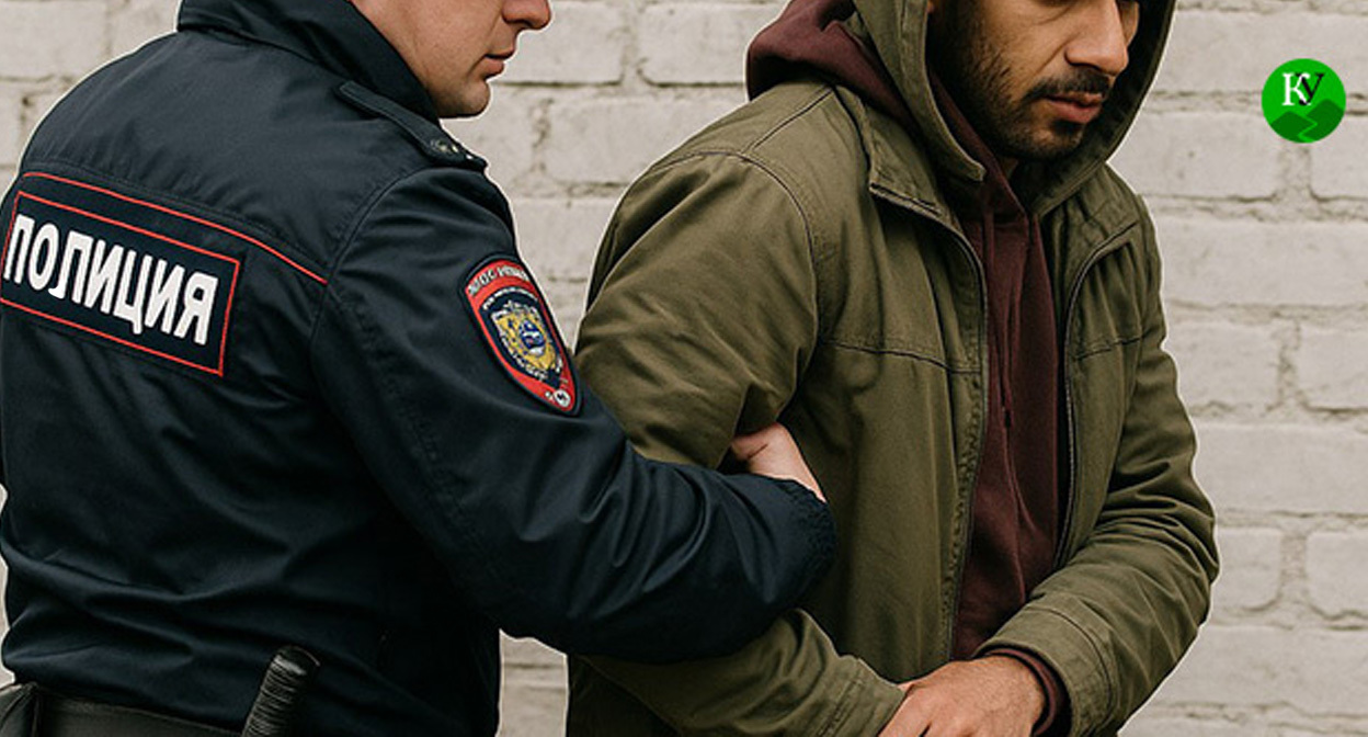 Сотрудник полиции задерживает мигранта. Иллюстрация "Кавказского узла" созданная ИИ при помощи Copilot