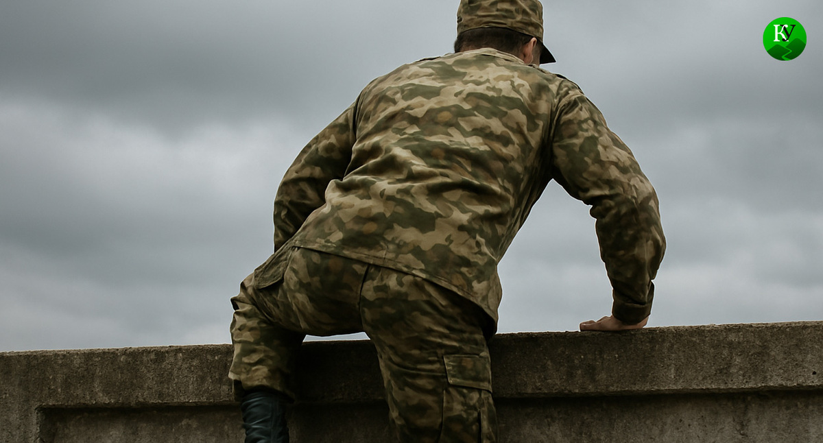 Военный покидает часть. Иллюстрация создана «Кавказским узлом» с помощью ИИ в программе Copilot