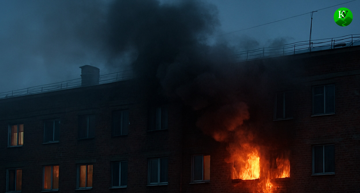 Пожар в многоквартирном доме. Иллюстрация создана «Кавказским узлом» с помощью ИИ в программе Copilot