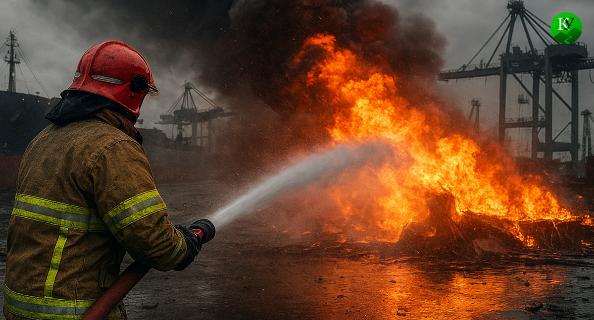 Пожар в порту. Иллюстрация создана «Кавказским узлом» с помощью ИИ в программе Copilot