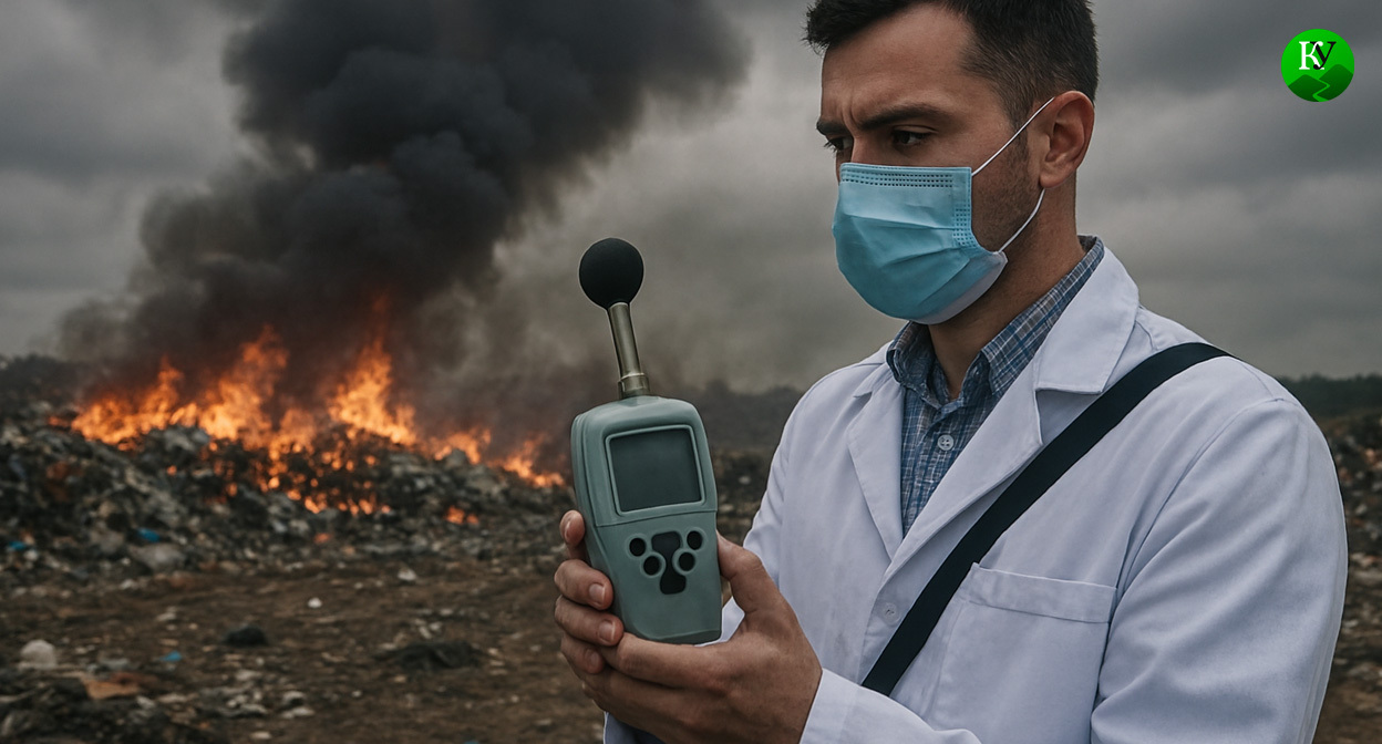 Специалист измеряет качество воздуха. Иллюстрация создана «Кавказским узлом» с помощью ИИ в программе Copilot