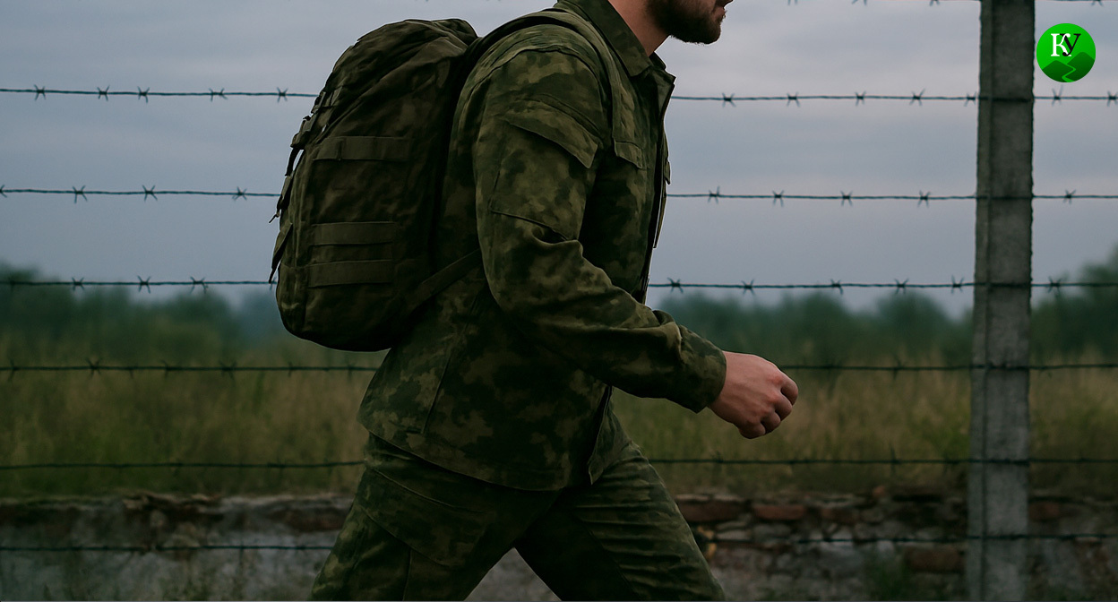 Военный покидает часть. Иллюстрация создана «Кавказским узлом» с помощью ИИ в программе Copilot